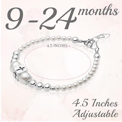 Baptism Pearl Bracelet for Girls, Sterling Silver Cross Charm - Baptism Gifts for Girl Handmade with High-end white or Pink Simulated European Pearls, Girls Jewelry Birthday Gifts2