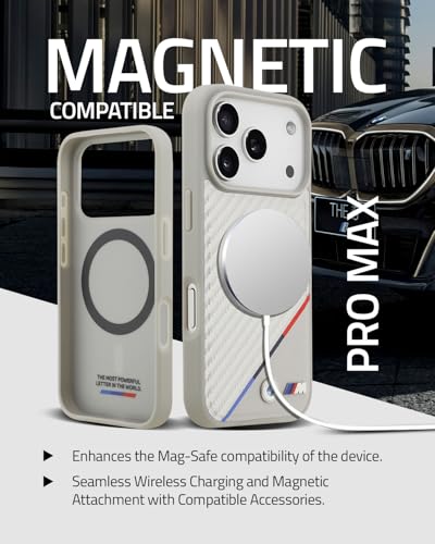Image of CG MOBILE BMW [Official Licensed] Protective Case Designed for iPhone 17 Pro Max |Magnetic Compatible|M Collection|Pu Leather Case Carbon & Tricolor Stripe with Metal Logos -Silver