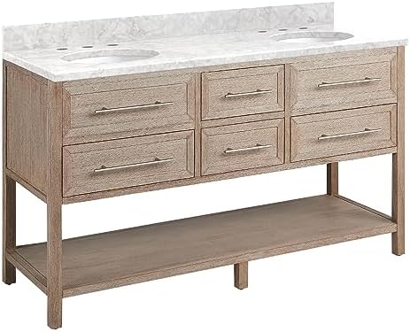 Signature Hardware 953906-60-UM-8 Robertson 60" Freestanding Mahogany Double Basin Vanity Set with Cabinet, Vanity Top, and Oval Undermount Sinks - 8" Faucet Holes - Brushed White/Carrara Marble