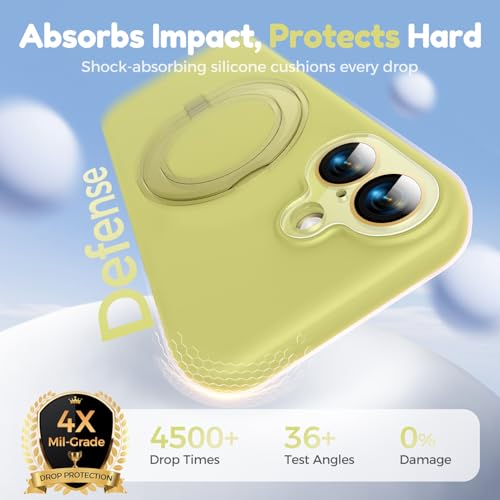 Image of Silicone 360 Spin Magnetic Stand Case for iPhone 17, [Compatible with Mag-Safe][Reinforced Hard Camera Protection] Liquid Silicone Rubber Phone Case Cover with Ring, Camera Button, Butter Yellow