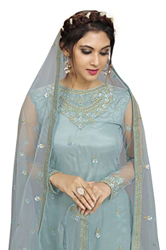 Image of TRENDMALLS Women's Net Embroidery Salwar Suit Kurta Sharara Set with Dupatta Skyblue
