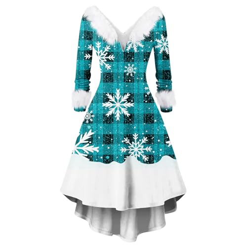 Generisch Damen Vintage Weihnachtskleid Langarm V-Ausschnitt mit Flauschigem Kragen Festlichem Druck Weihnachtskleid Hohe Taille Figurbetontes...