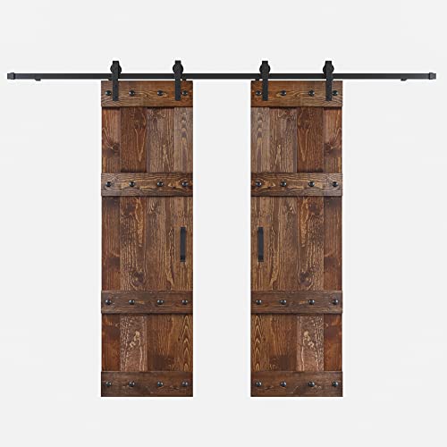 48 in x 84in. Castle-Series DIY Finished Knotty Pine Wood Double Sliding Barn Door with Hardware Kit (Dark Walnut)