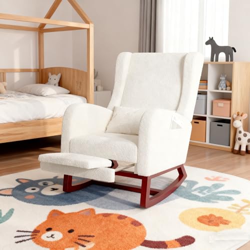 Sillón Mecedora de Lactancia con Bolsillo Lateral y Cojín, Butaca Mecedora Tapizada en Tela de Lino, Silla Mecedora Relax con Patas de Madera Maciza para Salón, Dormitorio y Lectura (Blanco-1)