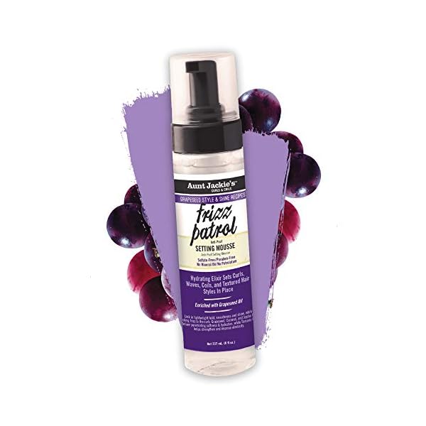Aunt Jackie's Grapeseed Style and Shine Recipes Frizz Patrol Anti-Poof Setting Hair Mousse, Sets Curly Hair Styles in Place,Purple Fl.Oz 8.5 Ounce
