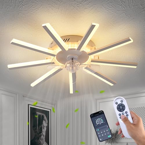 HuixuTe 27" White Straight Strip Geometric Ceiling Fan with Lights, 3 Colors 6 Speeds Low Profile Ceiling Fan with Light for Kitchen Bedroom