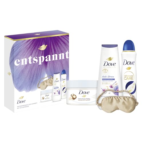 Dove Geschenkset "Entspannt" mit Duschcreme, Anti Transpirant, Dusch-Creme-Peeling und mit Schlafmaske 225 ml + 225 ml + 150 ml – Ansicht 2