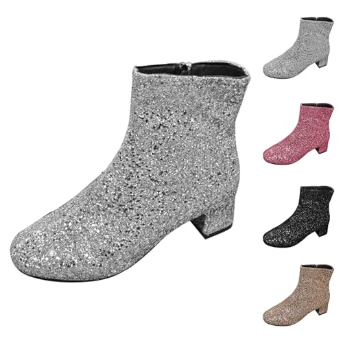 Generisch Botas Cortas De Invierno Para Mujer,Lentejuelas Brillantes Zapatos Redondos De Mujer Plata,Tacón Bloque Plano De Color Sólido De Tacón Medio Botas De Gran Tamaño, plata, 37 EU