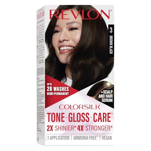 Revlon ColorSilk Tone + Gloss + Care Demi Permanent Hair Color, Dye Kit with Leave-In Scalp and Haircare Serum, 2x Shinier, 4x Stronger, 3 Brown Black, 4.5 fl oz
