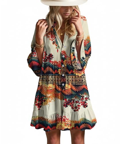 Image of Opemiby Summer Dresses for Women 2026 Flowy Ruffle 3 /4 Sleeve V Neck Tiered Casual Babydoll Boho Beach Mini Dress
