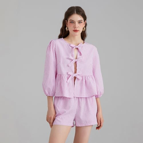 Image of Yuemengxuan Women Y2k Two Piece Plaid Lounge Sets Puff Sleeve Tie front Blouse Top High Waist Shorts Casual Pajamas Sets