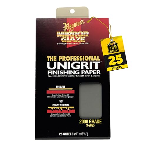 Meguiar's S225 Mirror Glaze 2000 Grit Unigrit Finishing Paper - 2000 Grit Sand Paper Leaves Smooth, Even Sanding Pattern that Buffs Out in Seconds - 25 Sheets Sand Paper Meguiar's S225 Mirror Glaze 2000 Grit Unigrit Finishing Paper - 2000 Grit Sand Paper Leaves Smooth, Even Sanding Pattern that Buffs Out in Seconds - 25 Sheets Sand Paper