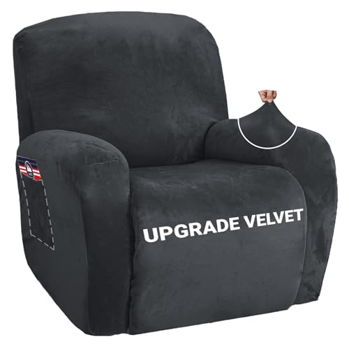 Image of ZNSAYOTX Stretch Velvet Recliner Cover 4-Pieces, Thick Soft Recliner Chair Slipcover with Pocket, Non-Slip Elastic Bottom for Kids Pets, Luxury Plush Reclining Protector Comfy Washable (Black)