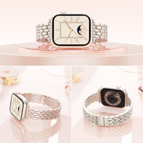 V.R.HOPE Slim Metal Strap Compatible with Apple Watch Straps 40mm 42mm 41mm 38mm Women, Luxury Business Stainless steel Strap for iWatch SE Series 11 10 9 8 7 6 5 4 3 2 1 - Starlight