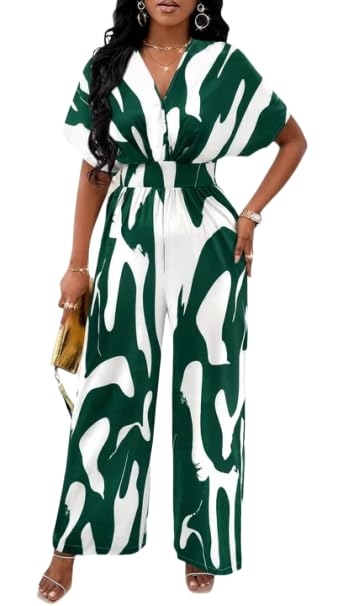 Image of PerZeal Women's V-Neck Short Sleeve Printed Jumpsuit with Pockets - Casual Wide Leg One-Piece Romper for Summer(S-XXL)