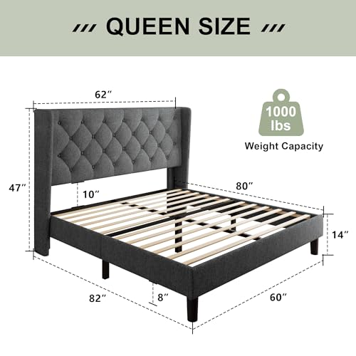 Image of Feonase Queen Size Bed Frame with Diamond Tufted Wingback Headboard, Morden Upholstered Platform Bed, Sturdy Wooden Slats Support, Noise-Free, No Box Spring Needed, Easy Assembly, Dark Gray