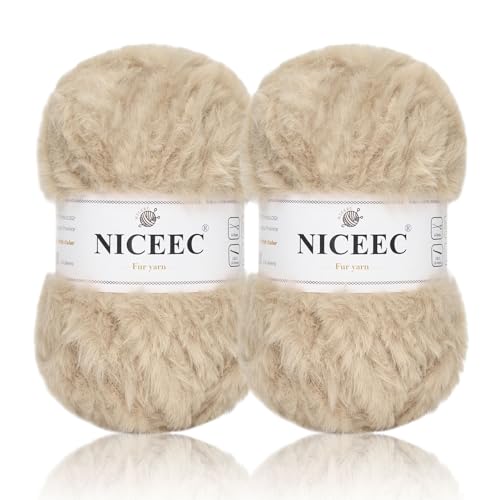Image of NICEEC 2 Skeins Faux Fur Yarn Super Soft, Chunky & Fluffy, Eyelash Yarn for Crochet & Knitting (Total Length 70yds,3.53oz) - Milk Tea