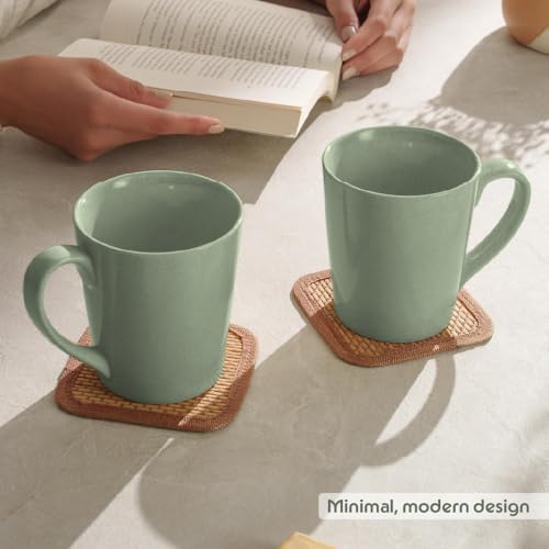 Image of Borosil Porcelia 370 ml x 2pc Haven Sage Tea /Coffee Mug Set | Porcelian Everyday Use Cups | Elegent Embossed Designs | Microwave & Dishwasher Safe Crockery for Gifting & Dining