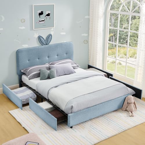 Image of Full Led Bed Frame with 4 Storage Drawer, Upholstered Platform Floor Bed with Rabbit Ear Headboard Daybed Strong Wooden Slats No Box Spring Needed for Kids Girls Boys, Blue
