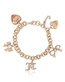 Juicy Couture Charm Bracelet for Women with Clear Stones, 7' Goldtone Bracelet Featuring 6 Bow and Logo Charms