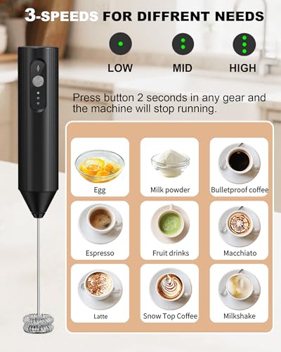 Image of 3-Speed Rechargeable Milk Frother Handheld, Dual Coil Whisk Coffee Frother Handheld - Portable Hand Frother Wand for Coffee Matcha Cappuccino & Hot Chocolate, Kitchen Gift, Black