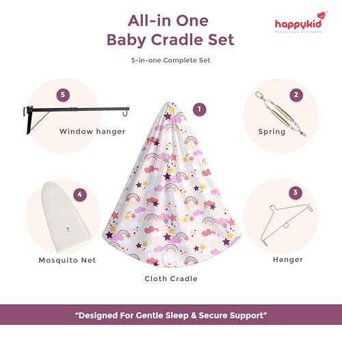 Image of Happykid Baby Cradle Set | Durable Cotton Cloth, Mosquito Net, Spring, Triangle and Window Hanger (White & Purple, Without Bed)
