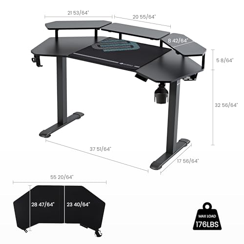 Image of EUREKA ERGONOMIC Aero 55 Inch W Shaped Electric Standing Desk, Height Adjustable Computer Gaming Desk with LED Monitor Shelf, Mouse Pad, Headphone Hook, Cup Holder, Carbon Black