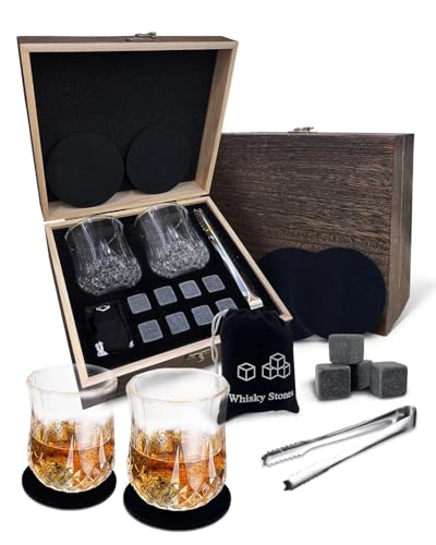 Conjunto de Copos de Whisky, 2 Copos de Whisky de Cristal Premium com 8 Pedras de Whisky Reutilizáveis, Pinças e Bases para Copos em Caixa de Madeira, Natal ou Aniversário para Pai, Marido ou Namorado