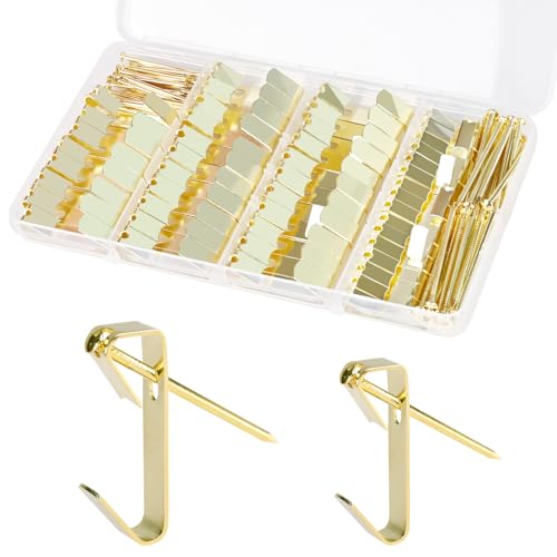Image of Picture Hanging Hooks 106 Pieces,50lb 100lb Picture Hangers ,Nails Hanging Kit, Metal Picture Hangers for Drywall Wooden Wall,Gold