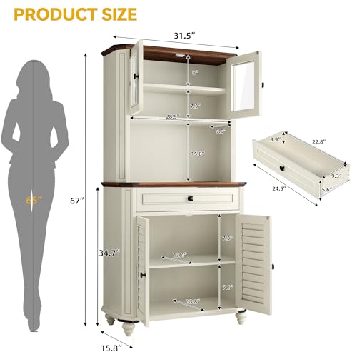 DWVO 67" Kitchen Bakers Rack Microwave Stand with Storage Cabinet, Farmhouse Pantry Buffet Cabinet, Coffee Bar w/Shutter-Doors, Kitchen Hutch w/Charging Station for Living Room, Dining Room, White