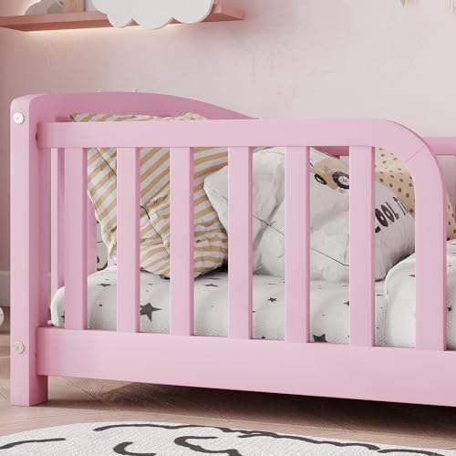 Image of Bellemave Twin Size Montessori Floor Bed Frame with High Fence, Solid Wood Kids Floor Bed with Central Entrance, Low Profile Bed for Boys & Girls, Rounded Corner Design,Pink