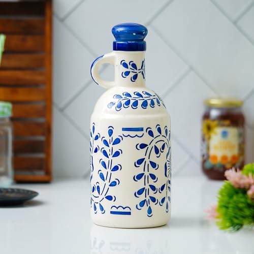 Image of Ceramic Oil Dispenser Bottle 1000ml | Blue Floral Printed Kitchen Oil Container | Refillable Vinegar & Olive Oil Dispenser for Cooking | Eco-Friendly Pottery Jar with Glazed Finish