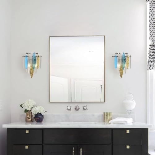 Image of Modern Gold Wall Sconces Set of Two, Glass Crystal Wall Light Fixtures with Colorful Leaves, 2-Light Art Decor Wall Lamps for Bedroom Living Room Bathroom