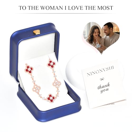 [Ningnvshi] Necklaces for Women 18K Rose Gold Plated Four-Leaf Clover Necklace with red Mother of Pearl & Sparkling Zirconia Adjustable Chain Hypoallergenic Jewelry Gift for Wife Valentine's Day Anniversary — view 6