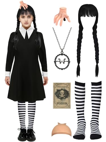 DIYLN Girls Halloween Costume Kids Black Dress with Wig Necklace Socks Accessories DY041S