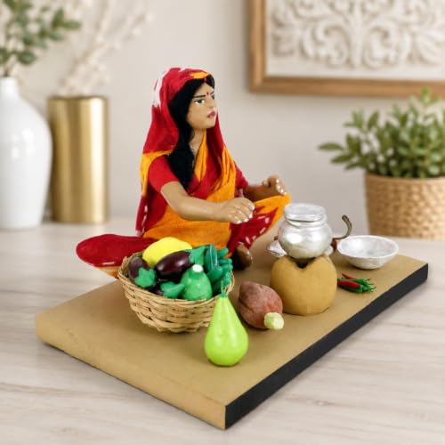 Image of Krishnanagar Handmade Clay Gift & Decor | Standard- Sitting Human Figure Miniature Idol - Mother's Hand Cooking, 10 cm