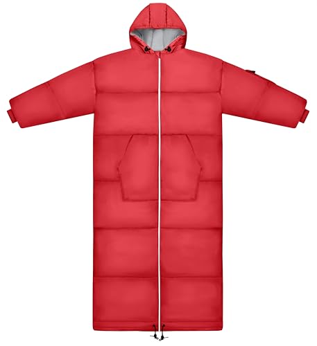 Thermotuff Wearable Sleeping Bag with Dual Hoodie, Long Sleeves, Pockets & Adjustable Drawstring - Ideal for Camping, Cold Weather Hiking, and Stadium Sak Blanket (Red)