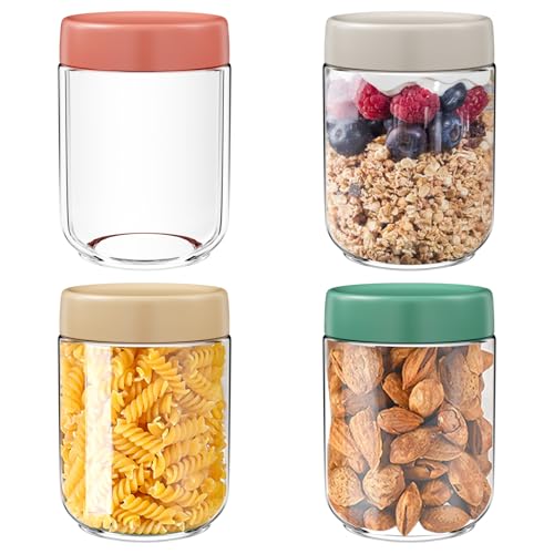 Riloventa 4 Piezas 500 ml Tarros de Cristal con Tapa, Frascos de Vidrio, Botes Hermeticos Cristal, Tarro Vasos Yogurtera, Overnight Oats Jar, para Avena Durante la Noche, Yogur, Mermelada, Miel