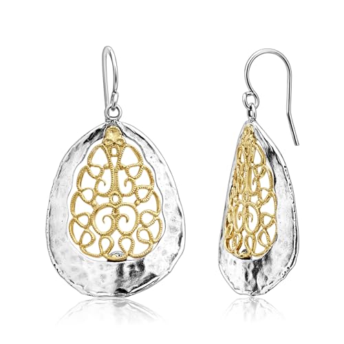 Jean Rachel Jewelry Mixed Metal Two Tone Earrings for Women – Lace Dangle Earrings – 925 Sterling Silver & 14K Gold Over Silver – Teardrop Hammered Hypoallergenic Design