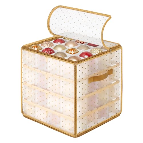 SONGMICS Caixa de armazenamento para bolas de Natal, caixa de armazenamento para decoração natalícia, 64 lugares de 7,6 cm, bandejas removíveis, 33,5 x 33,5 x 34 cm, areia dourada RFB029A03