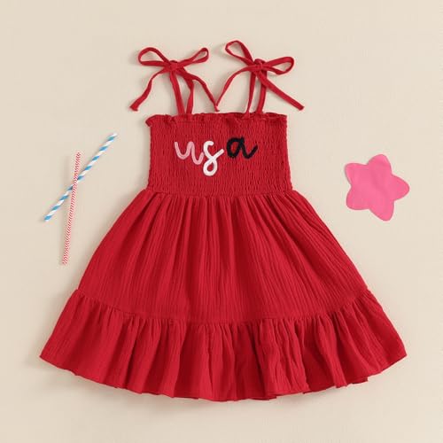 Toddler 4th of July Outfit Girl Sleeveless Lace Up Shoulder Letter Embroidery Ruched Dress Girls Summer Dresses2