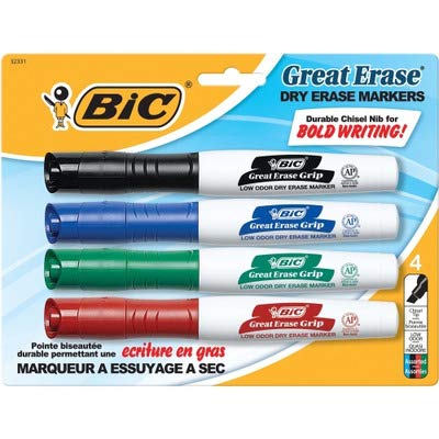 BIC Great Erase Grip XL Dry Erase Markers, Chisel, Assorted,