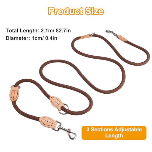Hundeleine für Große und Mittelgroße Hunde, 2.1m x 1cm Verstellbare Doppelleine Rund, mit 2 Karabiner Führleine Hund, Robustem Nylon, Multifunktionale Dog Leash Adjustable für 2 Hunde (Braun)