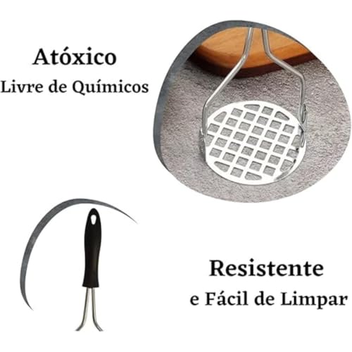 Amassador de Batata e Legumes Inox Manual Ergonômico Para Purê com Cabo Plástico Anti Calor