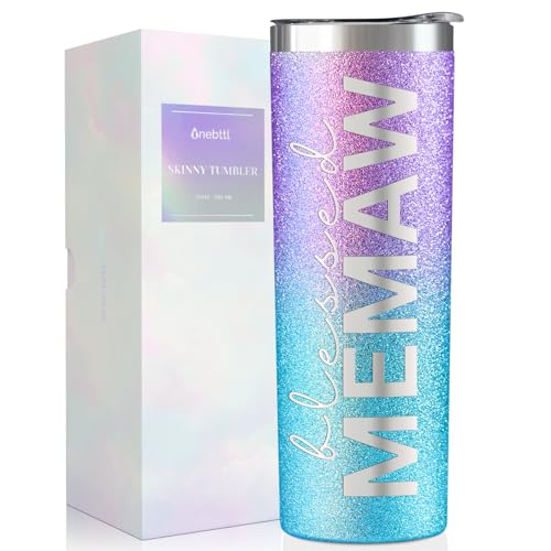 Onebttl Memaw Gifts for Grandma's Mother's Day, 20oz Purple & Blue Glitter Skinny Tumbler, Straw & Lid Included, Christian Gifts for Blessed Memaw