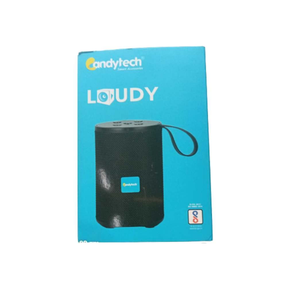 Generic Candytech Loudy 5W Portable Bluetooth Speaker, black cylindrical speaker with a blue Candytech logo and a black carrying strap.