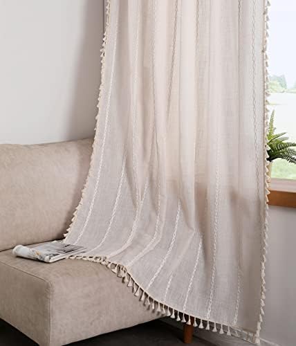 RoomTalks Boho Beige Curtains for Bedroom Living Room 84 Inch Length French Country Modern Farmhouse Cotton Window Curtain Panels Embroidery Striped Bohemian Tassel Draperies, 84’’L x 52’’W