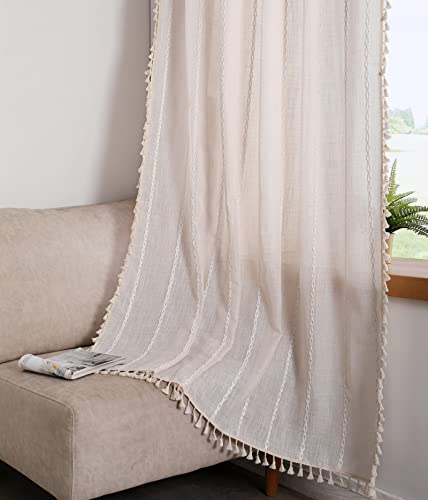 Roomtalks Boho Beige Curtains For Bedroom Living Room 84 Inch Length French Country Modern Farmhouse Cotton Window Curtain Panels Embroidery Striped Bohemian Tassel Draperies, 84’’L X 52’’W #TOP28