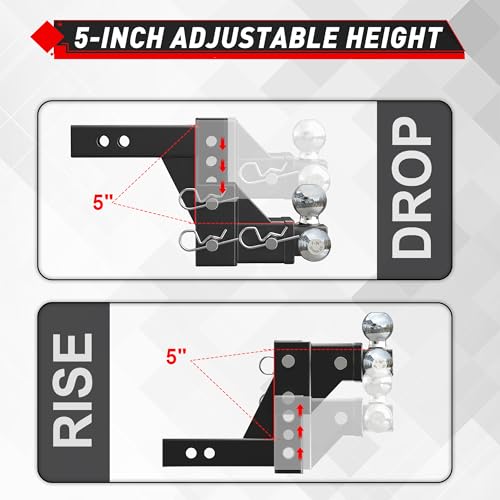 Image of TYT Adjustable Tri-Ball Trailer Hitch for 2 inch Receiver, 5 inch Drop /Rise, Triple Balls (1-7 /8 inch, 2 inch, 2-5 /16 inch), 10,000 lbs GTW, 1,000 lbs TW, Includes Hitch Pin Lock & Tri Pins