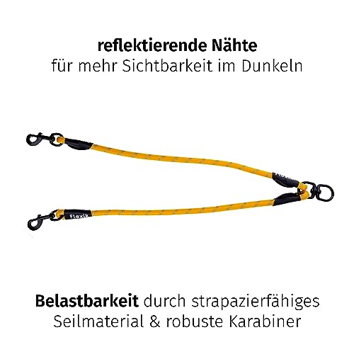 Floxik Tau Doppelleine für 2 Hunde grau/orange - reflektierend, dehnbar und verhedderungsfrei – Doppelte Hundeleine zum Koppeln - perfekt für kleine bis mittelgroße Hunde